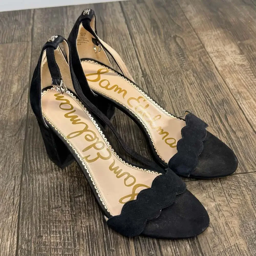Sam Edelman Odilia Black Suede Scalloped Block Heel Sandals Size 8.5